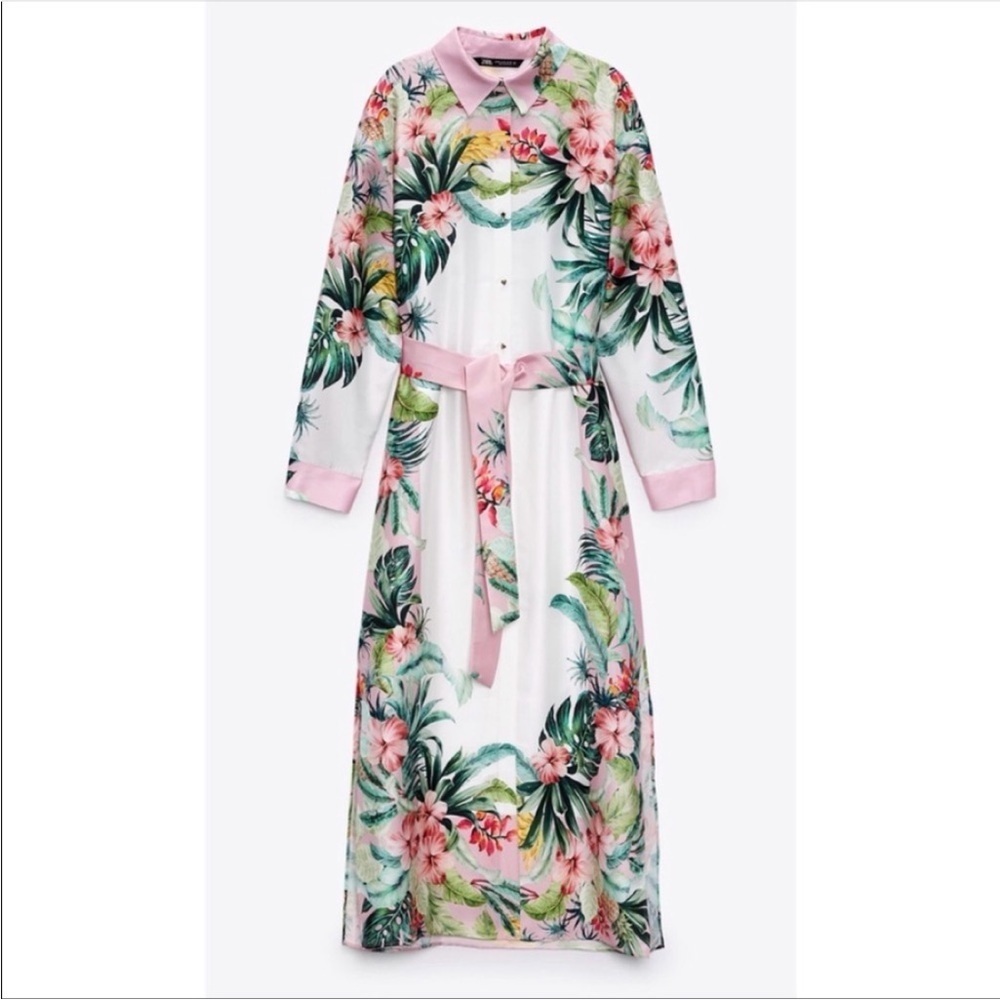 NWT Zara Pink and Green Tropical Resort wear Beach  Floral Shirt Dress Sz XL - Picture 3 of 16